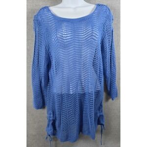 Chicos Size 2 Womens L Open Crochet Lily Pullover Tunic Coverup Holland Blue NEW